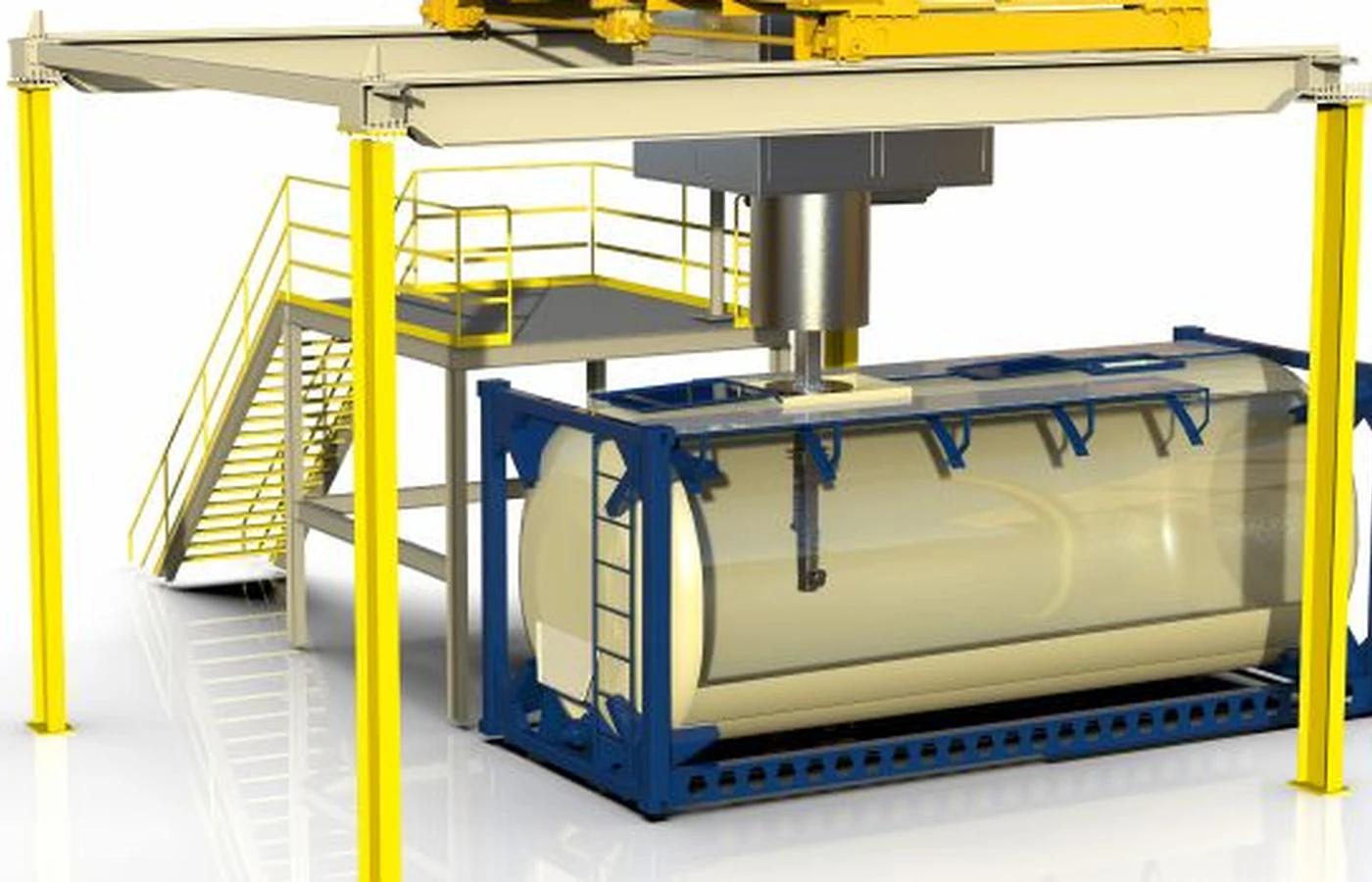 ISO tank container under an automated cleaning gantry