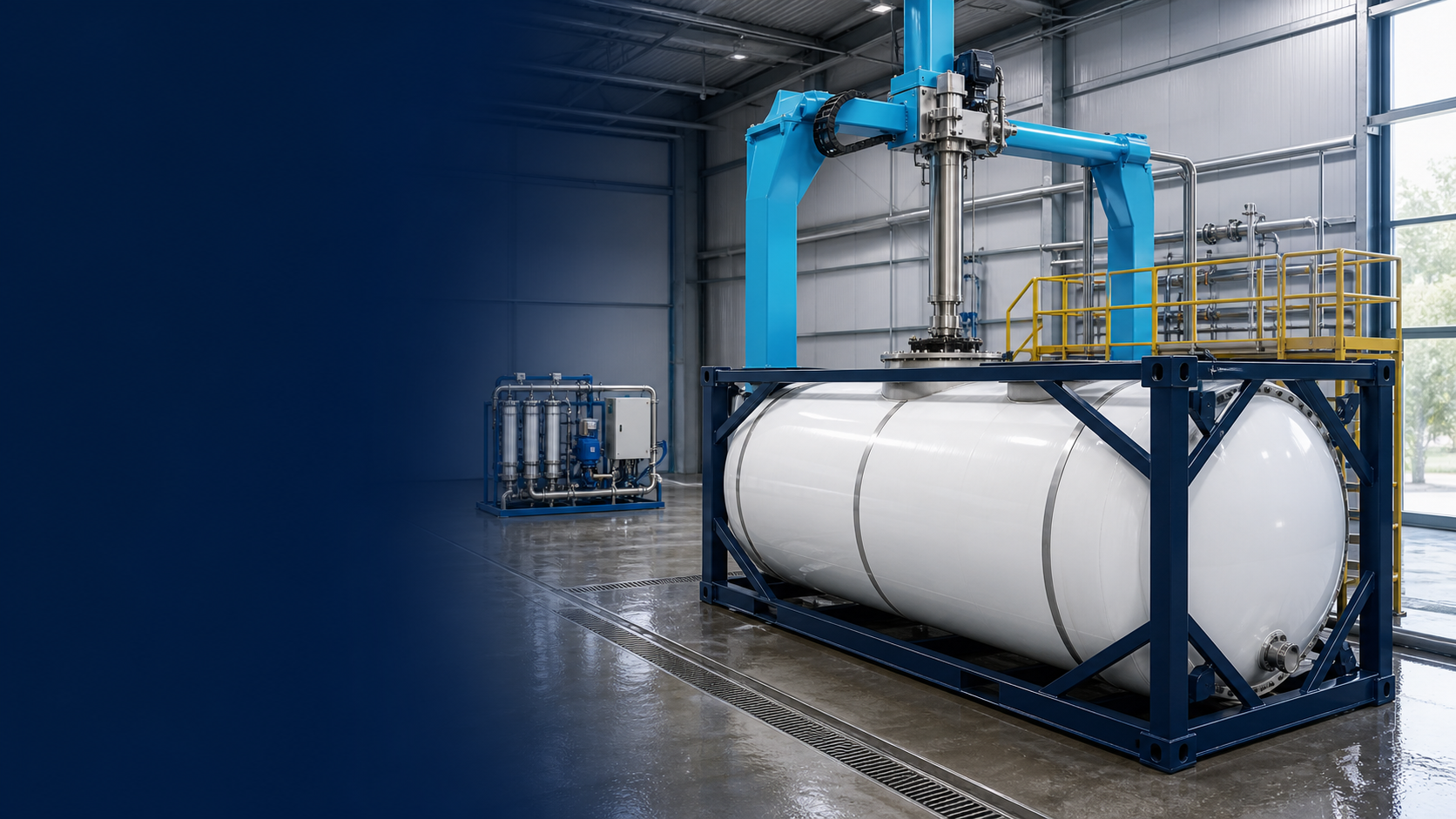Horizontal ISO tank container under an automated cleaning head