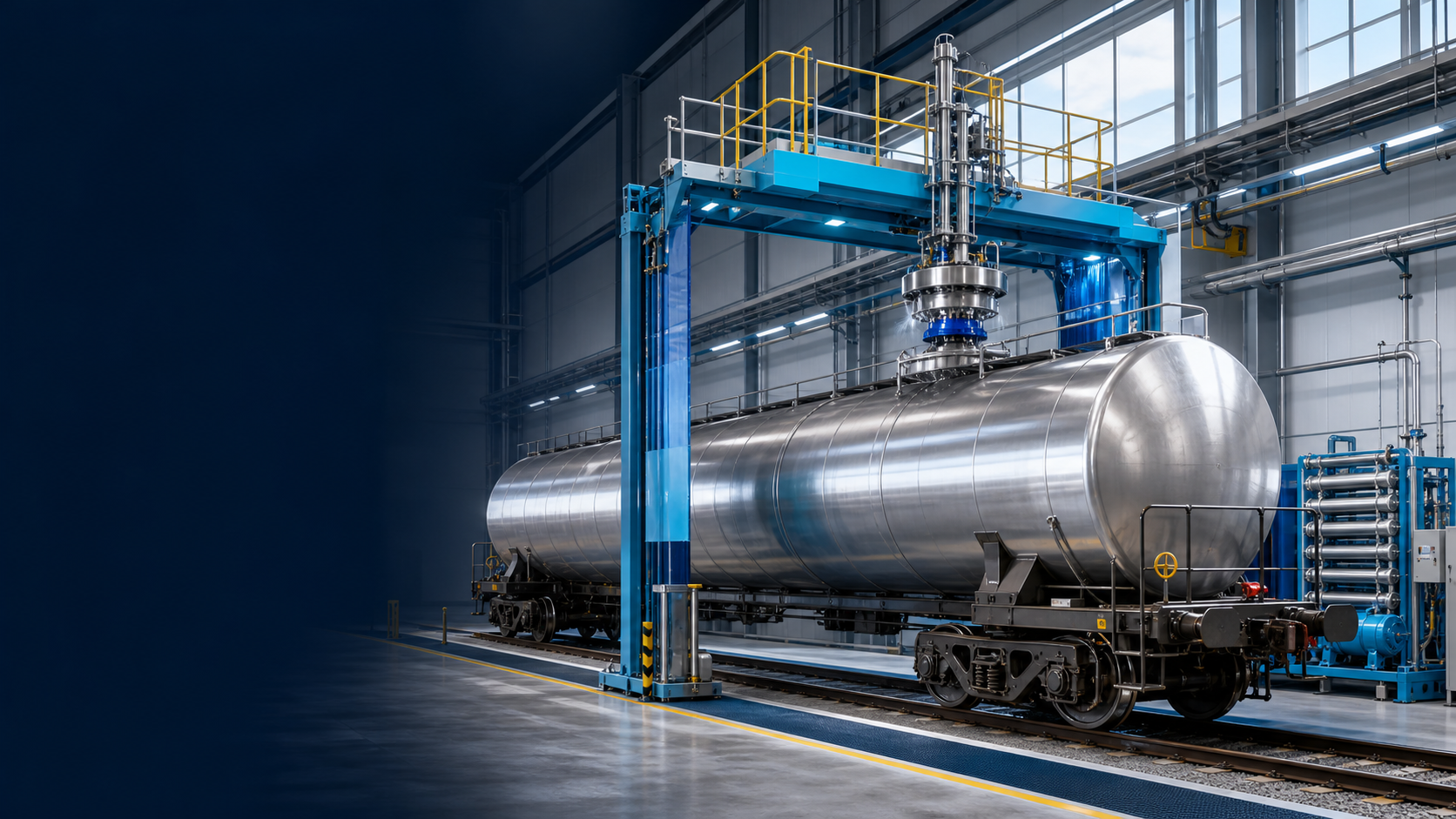 Rail tank car in an automated cleaning station